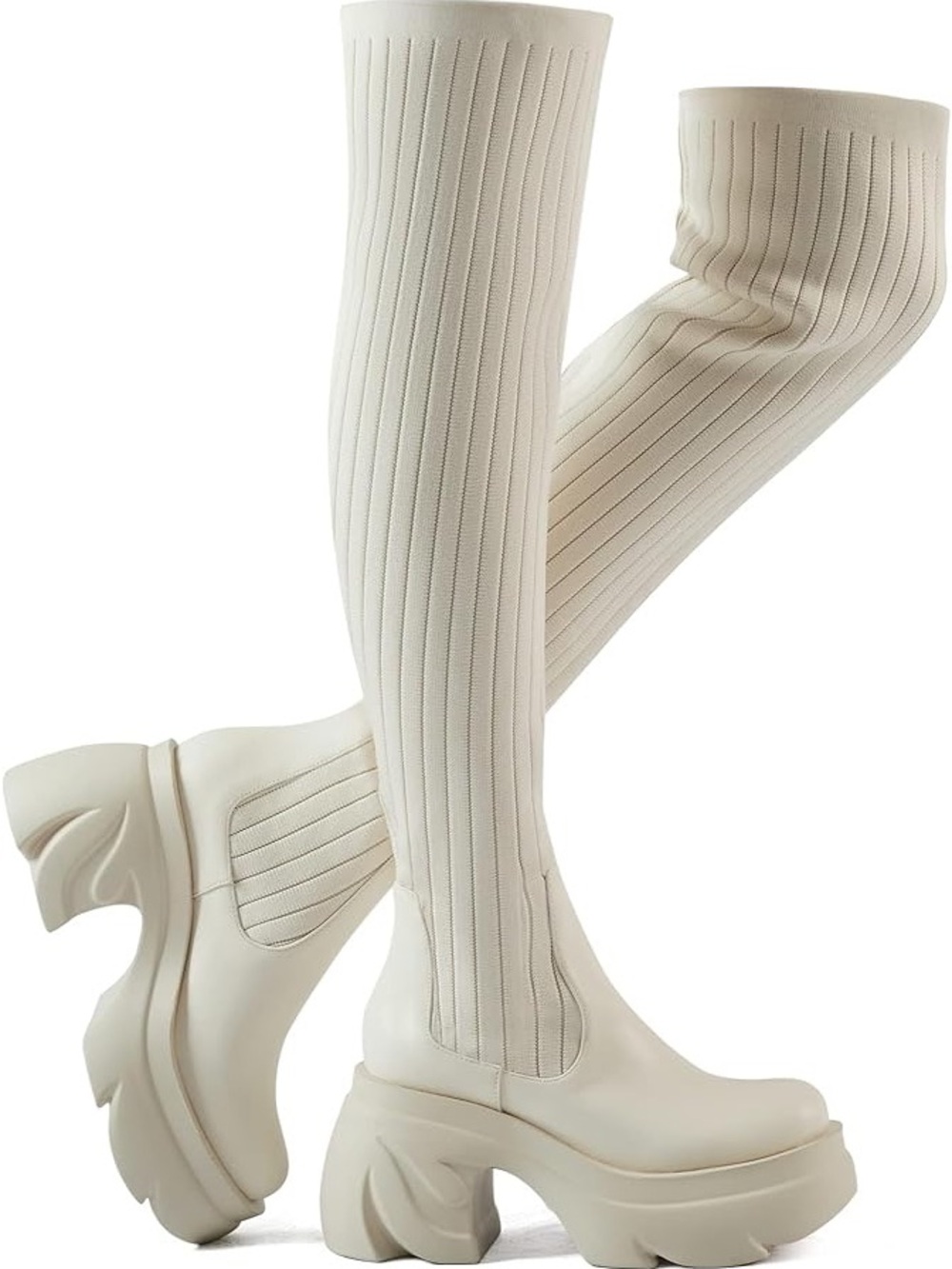 Discounted Women Round Toe Platform Heeled Stretch Knit Over the Knee Boots